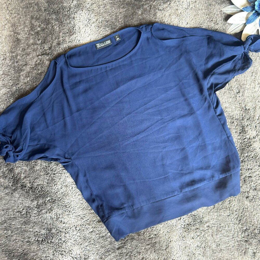 7th Ave New York & Company Navy Tie Detail Cold Shoulder Blouse Top  XS